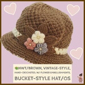 👒NWT/Brown, Vintage-Style, Hand-Crocheted, w/ Flower Embellishments, Bucket Hat